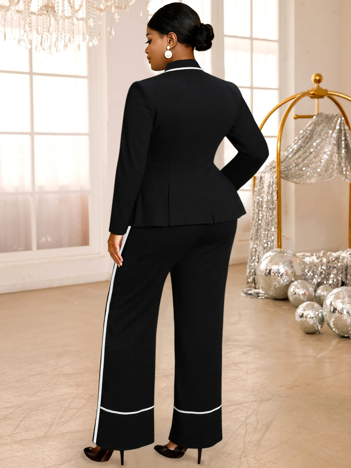 Plus Size Women's Black Contrast Trim Blazer Suit Fashion V-neck Single-breasted Jacket + Wide-leg Pants Two-piece Set Y2K