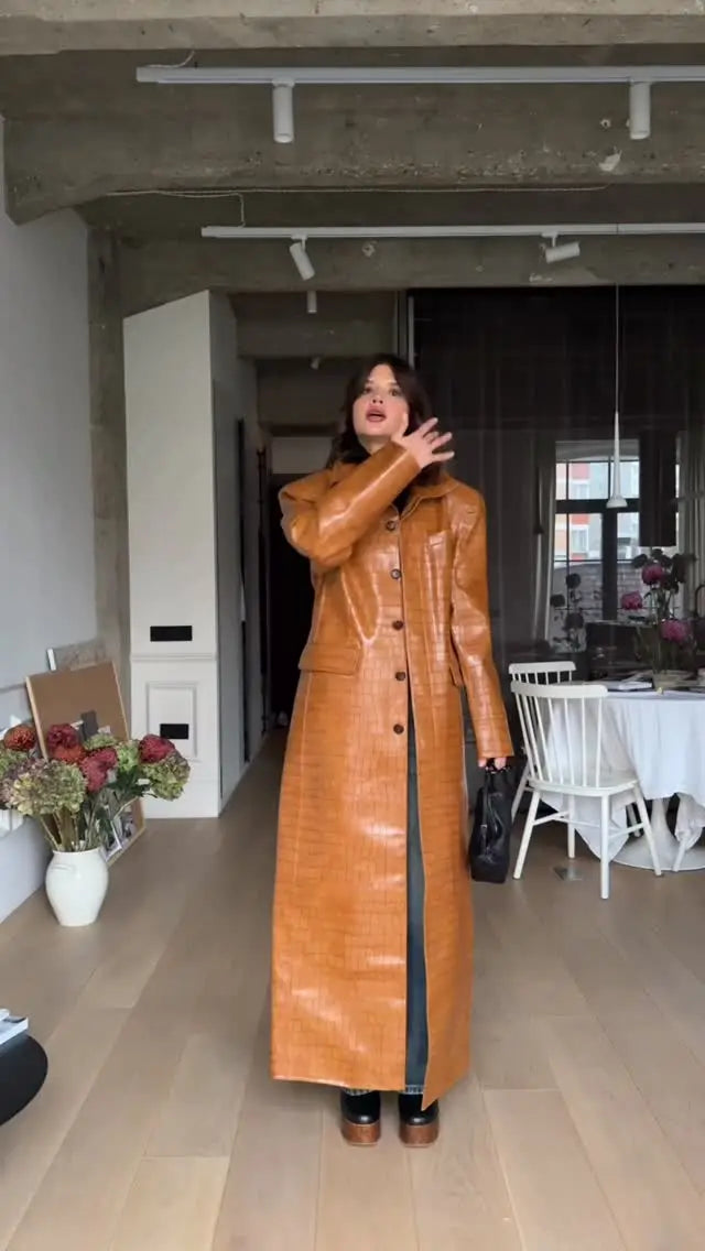 Women Brown Croc Embossed Faux Leather Maxi Trench Coat Lapel Single Breasted Straight Long Front Pockets Vintage Autumn Winter