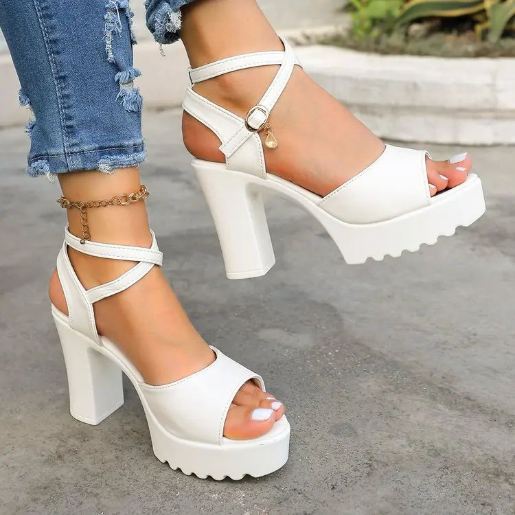 Summer Luxury Diamond Buckle Strap Women's Pumps Square Heel Solid Pumps Shoes Women Fashion Pu Platform High Heels Female