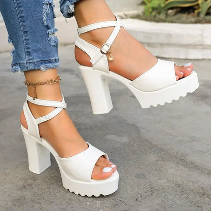 Summer Luxury Diamond Buckle Strap Women's Pumps Square Heel Solid Pumps Shoes Women Fashion Pu Platform High Heels Female