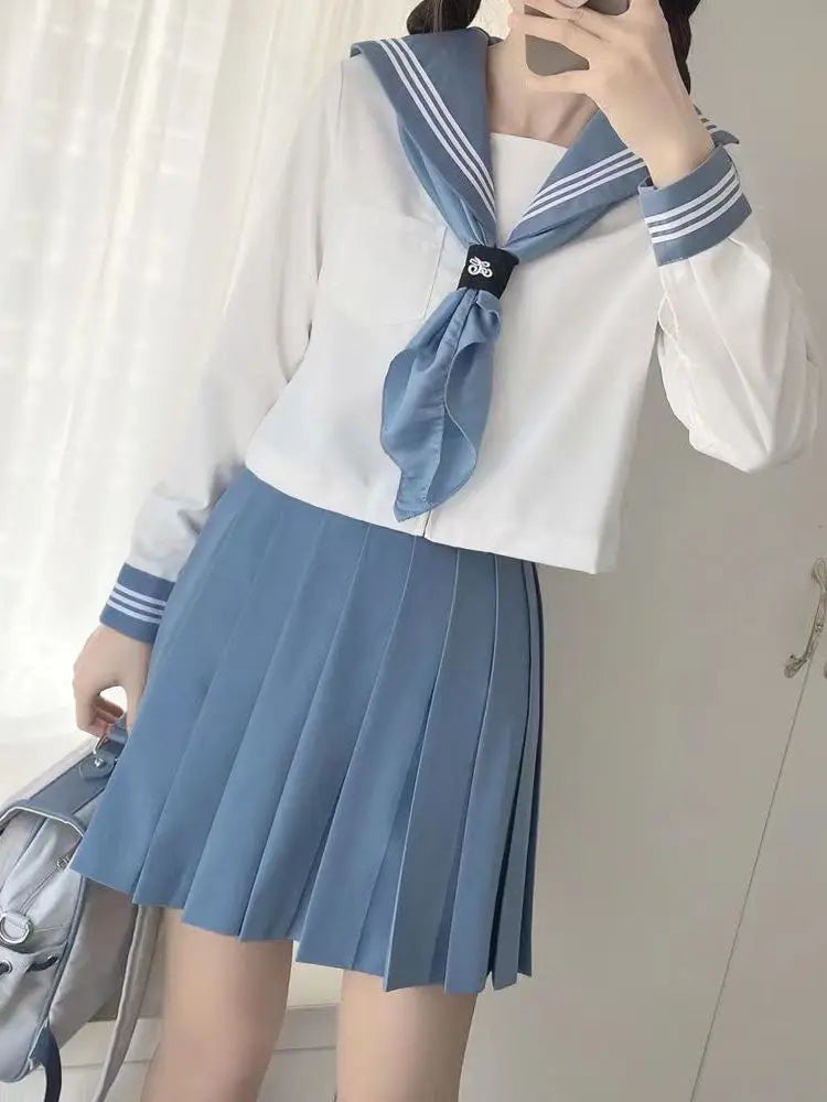 Blue JK Uniform Summer long Sleeve Japanese School Uniforms Girls Sailor Sets Pleated Skirt JK Uniform Costume
