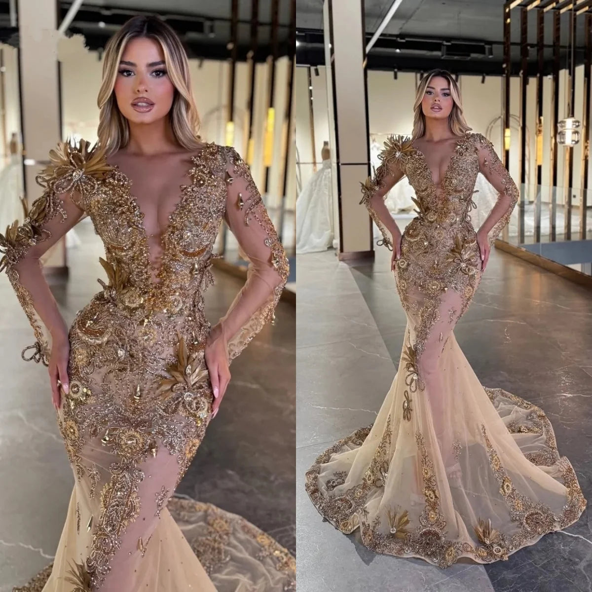 Luxurious Feather Evening Dresses V Neck Crystal Prom Dress Pearls Sequins See Through Mermaid Party Gowns Vestidos De Noche