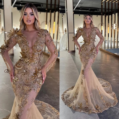 Luxurious Feather Evening Dresses V Neck Crystal Prom Dress Pearls Sequins See Through Mermaid Party Gowns Vestidos De Noche