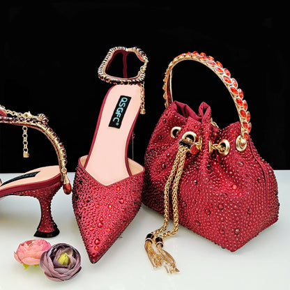 QSGFC New Gold Glitter Fabric Pointed Toe High Heels With A Variety Of Shapes Of Rhinestones Fashion Party Ladies Shoes And Bag