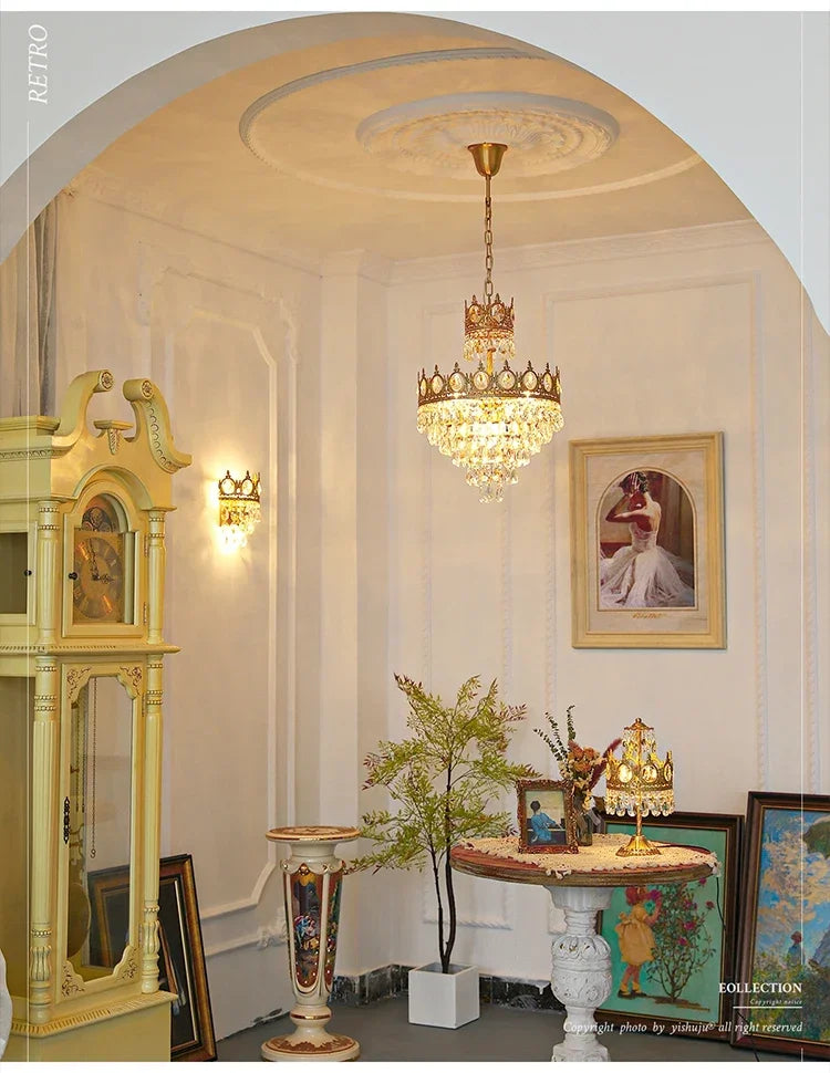 Modern Luxury Chandelier LED Crystal Vintage French Pendant Lamps for Living Dining Table Room Golden Crown Lighting Home Deocr