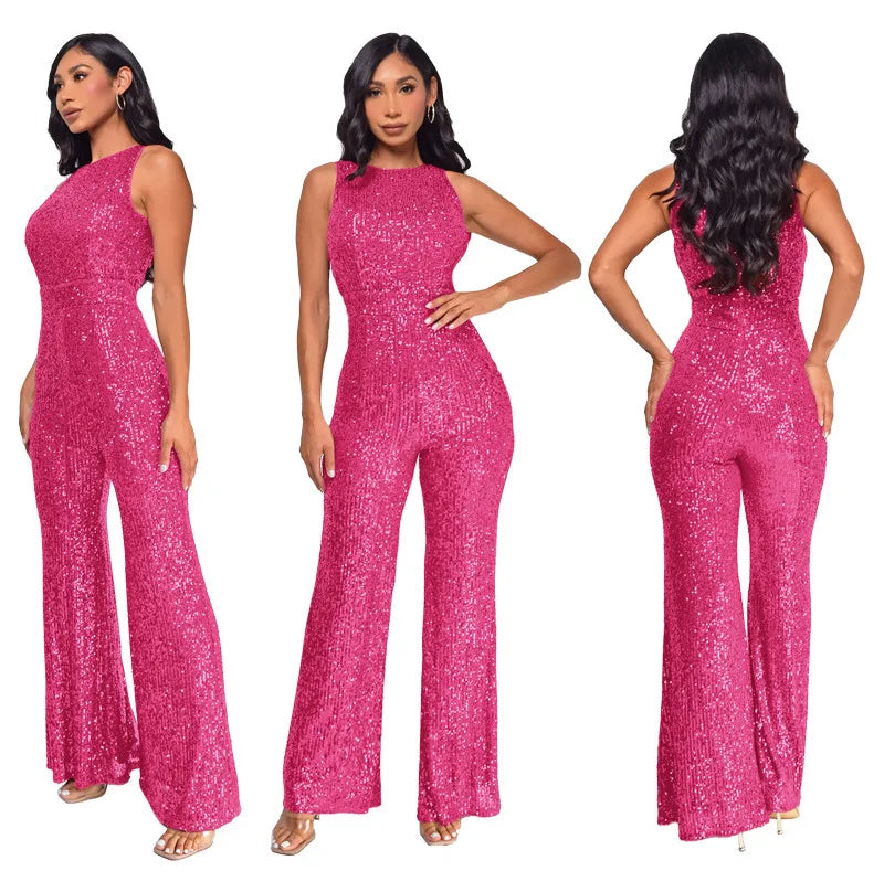 Bling Bling Sequined Club Jumpsuit Sexy Women O-neck Elegant Shiny Sliver Gold Sequins Straight Romper Overalls