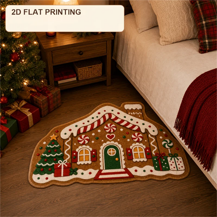 VIKAMA Xmas Holiday Cute Gingerbread House Irregular Rug Comfortable Floor Mat for Entryway Porch Xmas Home Decoration