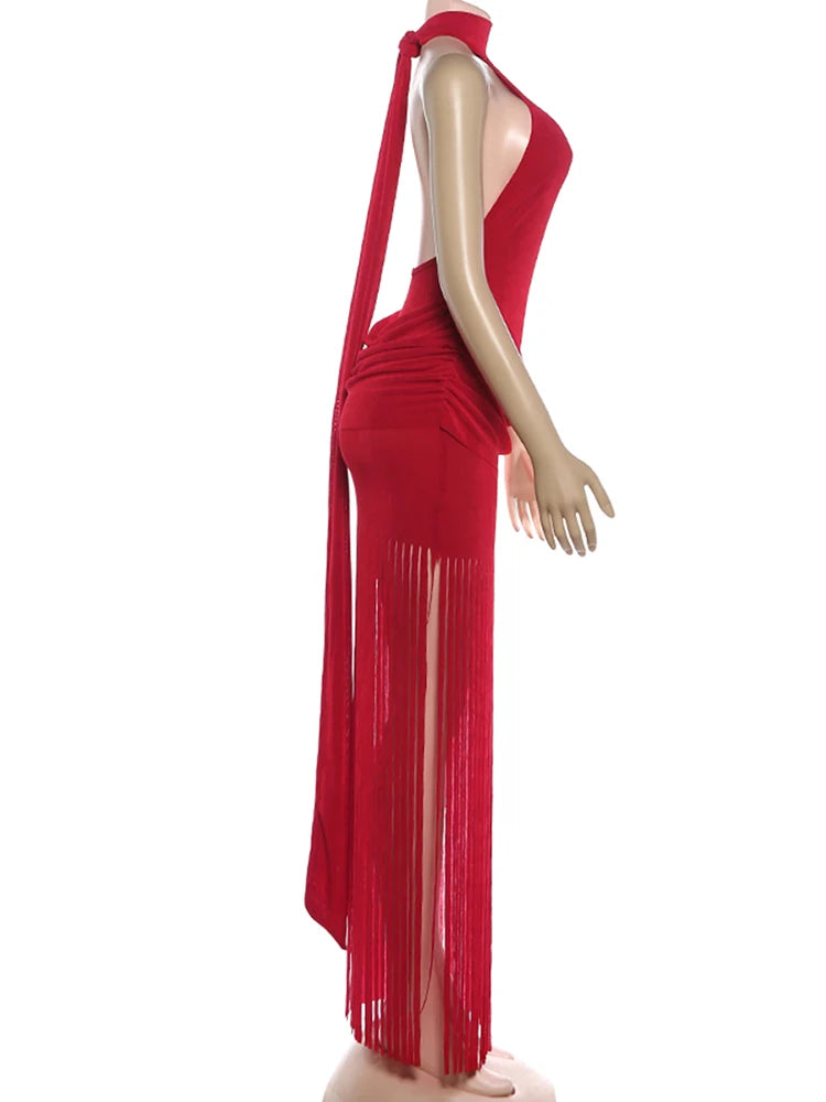 Weird Puss Halter Turtleneck Dress Women Velvet Ruched Patchwork Tassel Hem Elegant Sexy Backless Valentine's Day Party Bodycon
