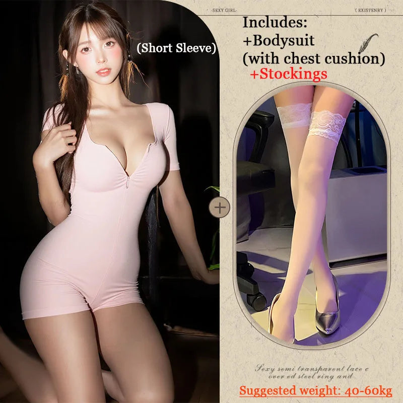 Sexy Short Yoga Open Crotch Bodysuit Long Sleeve Slim Fit Solid Color V-Neck Female Fitness Shorts Low-Cut Zipper Sportwears