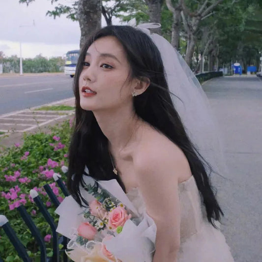 LA003 Bridal Veil Two-Layer Plain Tulle Satin Bow Handmade White Short Headdress Veil for Wedding Dress