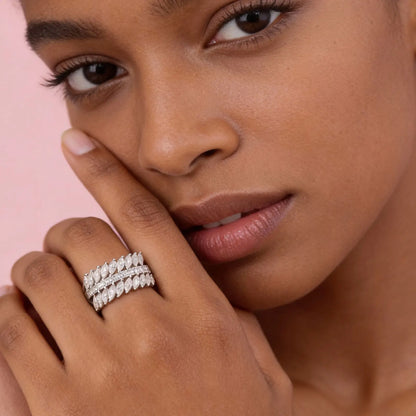 Newshe 925 Silver Marquise Moissanite Multi-Row Statement Rings for Women Bridal Elegant Wedding Engagement Band Luxury Jewelry
