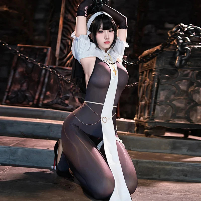 Sexy Nun Uniform Cosplay Halloween Costume Lingerie Open Crotch Jumpsuit Black See Though Tight Bodysuit Women Bodystocking