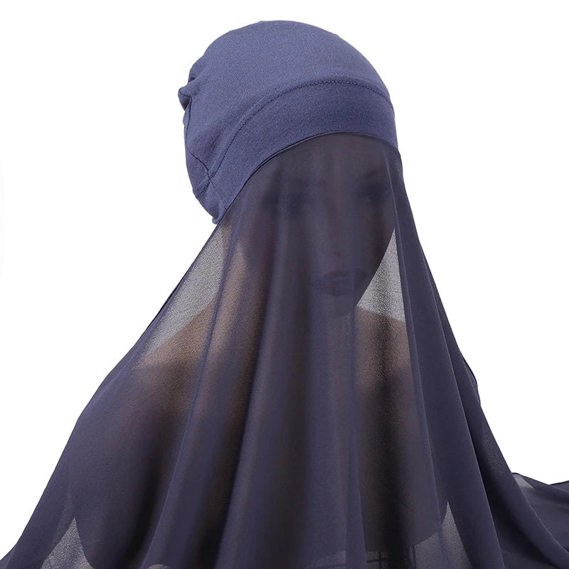 Muslim Women Bonnet + Chiffon Shawl Instant Under Scarf Cap Islam Inner Scarf Headband Stretch Hijab Cover Headwrap Turbante