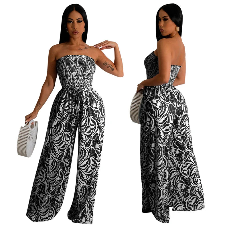 Elegant Print Jumpsuits for Woman Romper Sleeveless Backless Strapless High Waist Loose Straight Wide Leg Jumpsuit Club Clothing