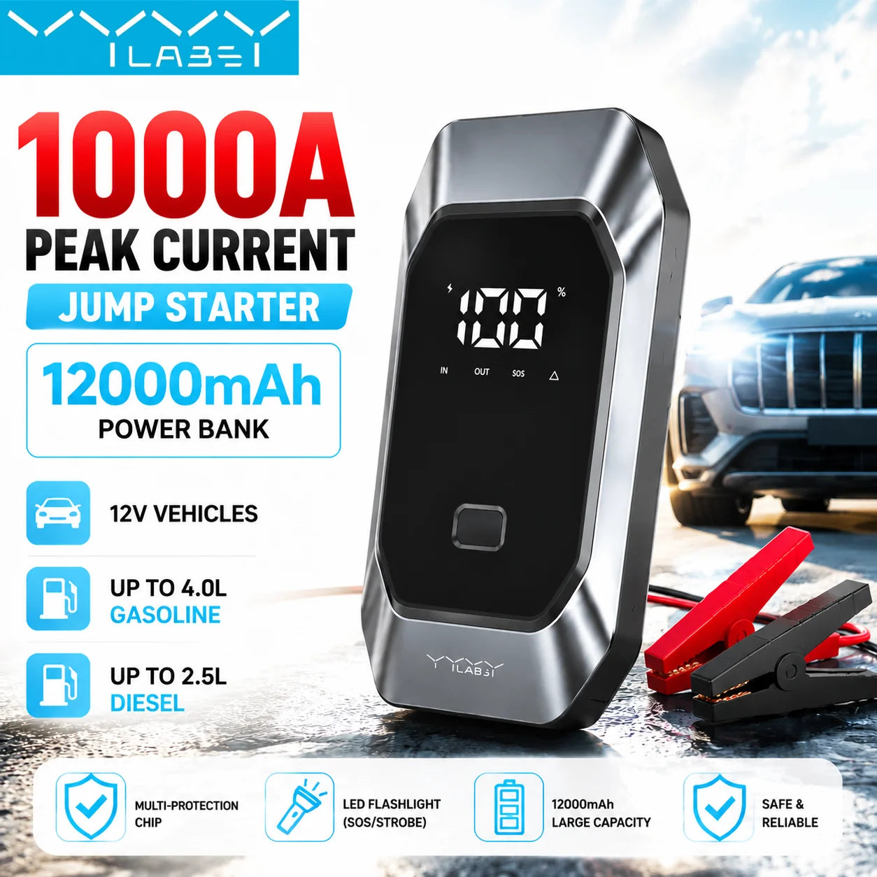 Vyvylabs 1000A Car Jump Starter 12000mAh Portable Battery Starter Emergency 12V Booster Starting Device Power Bank Jump Start