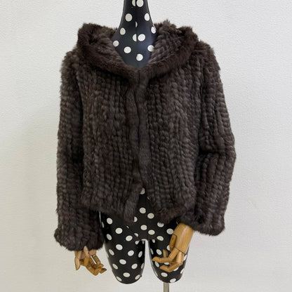 Real Rabbit Fur Hooded Coat Long Sleeve Women Casual Loose Knitted Genuine Fur Jacket With Hood Female Natural Fur Outwear