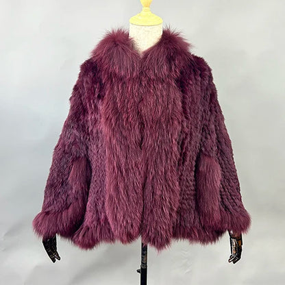 New Real Genuine Natural Knitted Rabbit Fur Shawl Coat With Fox Fur Collar Women's Fashion Knit Jacket Cape