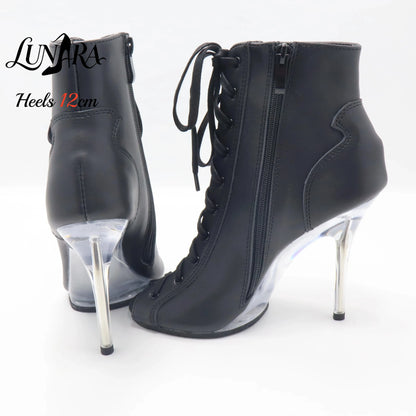 12cm/5Inch Plus size Beige PU Leather Lace-up Side zipper Peep toe High Stilettos Ankle boot Pole dancing Nightclub Rave Parties