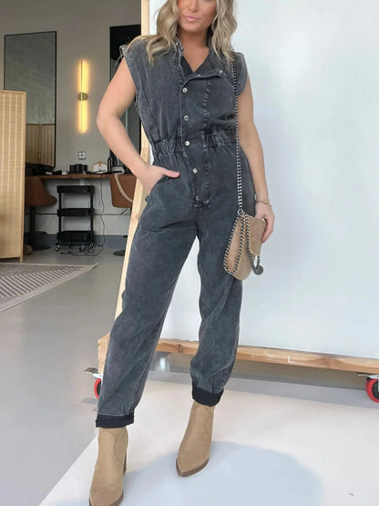 Women Jumpsuits Single Breasted Sleeveless Rompers One Piece Slim Button Solid Pencil Pants Pockets Spliced High Street