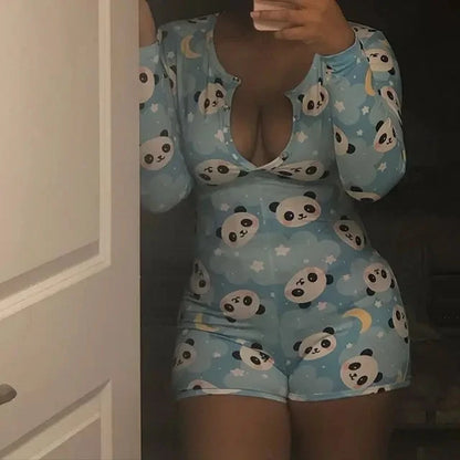 OMSJ 2024 Rompers Women Sleepwear Sky Blue Leopard Print Long Sleeve Short Jumpsuit Sexy Onesie For Adult Female Nightwear S-3XL