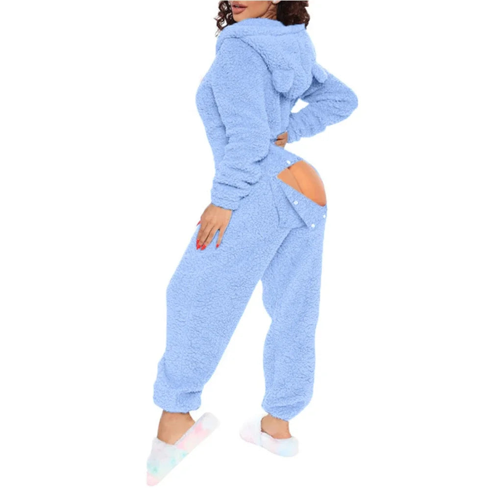 2025 Women's Winter Warm Onesies Fleece Romper Pajamas Solid Open Gear Long-Sleeve Zipper V Neck Hooded Sleepwear Sexy Homewear