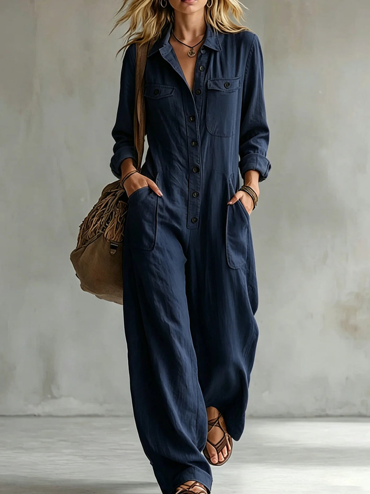 Retro Lapel Buttoned Pocket Solid Loose Commuting Pocket Jumpsuit Women Autumn New Vacation All-match Jumpsuits Women's Clothing