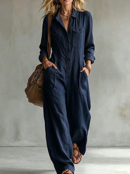 Retro Lapel Buttoned Pocket Solid Loose Commuting Pocket Jumpsuit Women Autumn New Vacation All-match Jumpsuits Women's Clothing