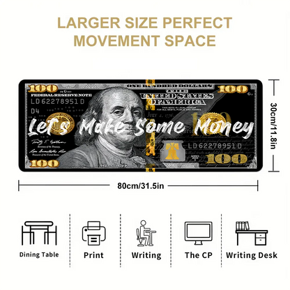Large Mouse Pad Money Pattern Desk Pad Funny Design Art Mousepad With Non-Slip Rubber Base Stitched Edge Deskpad for Work 30x60
