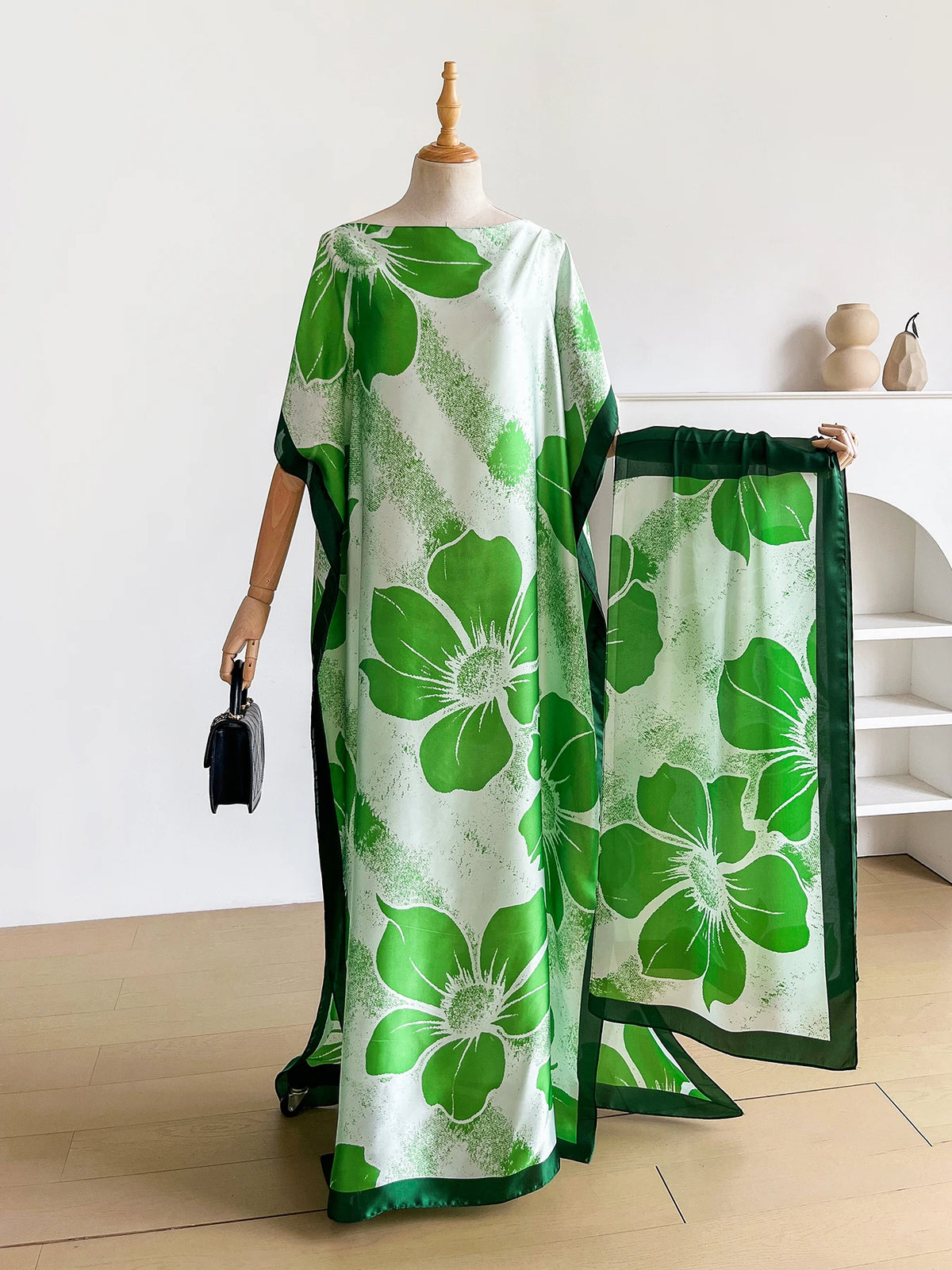 Summer Boho Floral Print Abaya With Scarf, Loose Batwing Maxi Kaftan For African Muslim Women Beach Holiday Wear