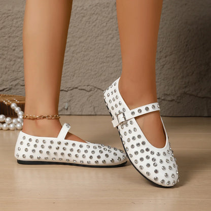 Women's Flat Dress Shoes Bottom Mary Jane Water Diamond Casual Dancing Shoes Genuine Leather Single Shoes Luxury Ballet Flats