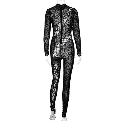 Sexy Women Clothes Leopard Flocked Mesh Jumpsuit Long Sleeve Criss‑Cross Lace‑Up Cut‑out See‑Through Night Club Party Bodysuit
