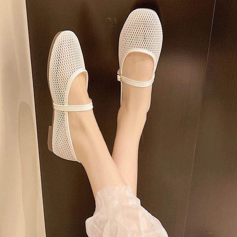 Women Luxury Sandals Flats Shallow Beach Comfort Retro Female Mary Jane Fishing Net Ballet Shoes Women's Soft Bottom Flat Hollow