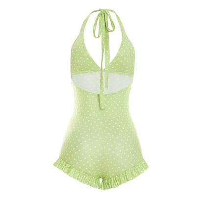 Bandage Halter Playsuits Women Polka Dot Print Summer Ruched Outfits Slim Backless Sleeveless V Neck Rompers Vacation Beach Gift