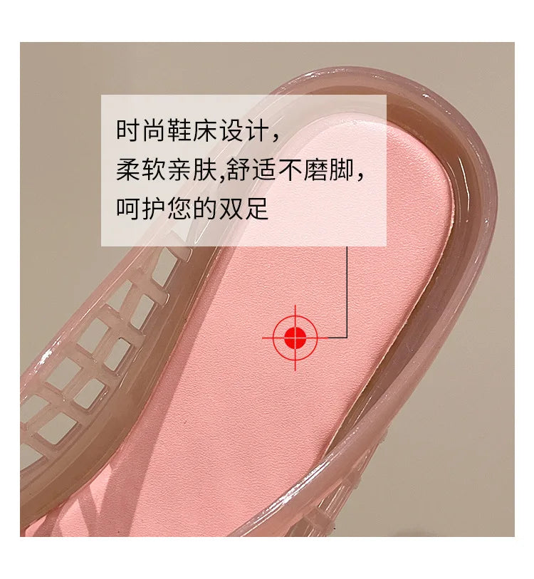 Women's Light Luxury Crystal Jelly Mary Jane Flat Sandals Hollow-out Breathable Closed Toe Summer Casual Non-slip Slip-on Shoes