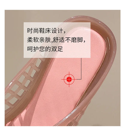 Women's Light Luxury Crystal Jelly Mary Jane Flat Sandals Hollow-out Breathable Closed Toe Summer Casual Non-slip Slip-on Shoes