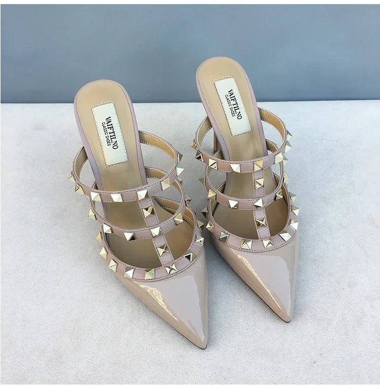 Women's sandals luxury Brand Shoes Woman 2025 trend Ankle Strap Summer Rivets High Heels Slippers Design Pointed Toe Sexy party