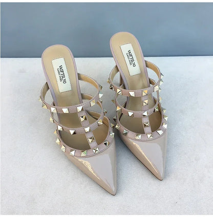 Women's sandals luxury Brand Shoes Woman 2025 trend Ankle Strap Summer Rivets High Heels Slippers Design Pointed Toe Sexy party