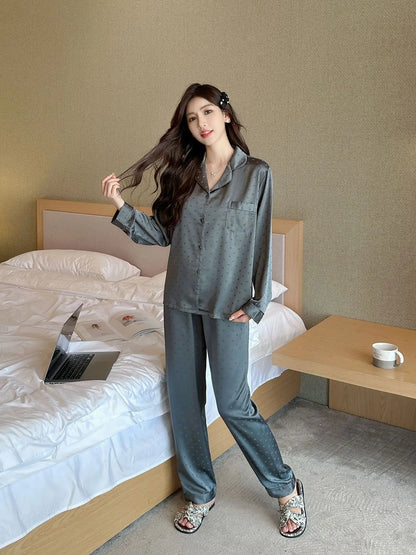 Women's New Arrival Silk-Feel Ice-Silk Lightweight Long-Sleeve Pajama Set Two-Piece Comfortable Homewear Suit