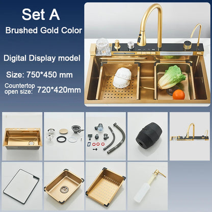 Stainless Steel Kitchen Sink with Faucet Digital Display Large Single Bowl Waterfall Rain 5 Functions System Dish Basin Sink