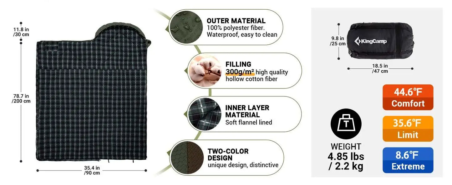 KingCamp Sleeping Bag for Adults, Cold Weather XL Big & Tall (74.8"x33.1" Fits 6.6ft), Cotton Flannel Lining & 300g/㎡ Hollow Fiber Fill (Comfort 44.6°F), Lightweight with Compression Sack, 2-Way Zipper for Couples, Outdoor