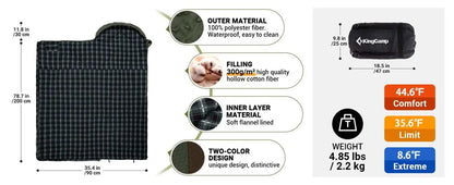 KingCamp Sleeping Bag for Adults, Cold Weather XL Big & Tall (74.8"x33.1" Fits 6.6ft), Cotton Flannel Lining & 300g/㎡ Hollow Fiber Fill (Comfort 44.6°F), Lightweight with Compression Sack, 2-Way Zipper for Couples, Outdoor