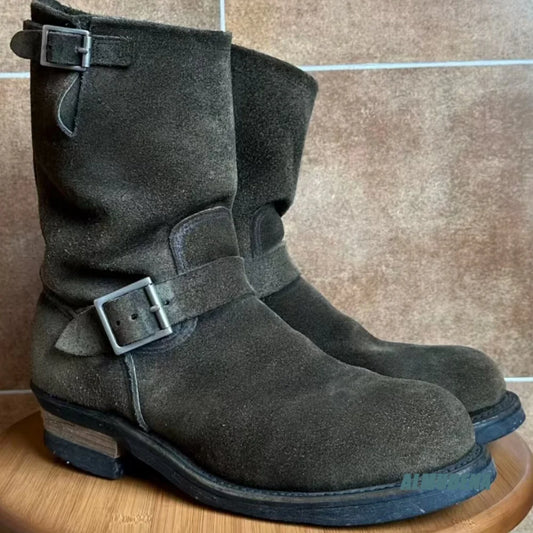 Vintage Dual Buckle Suede Ankle Boots for Men Low Block Heel Shoes Versatile Outdoor Street Comfort Daily Retro Short Boots