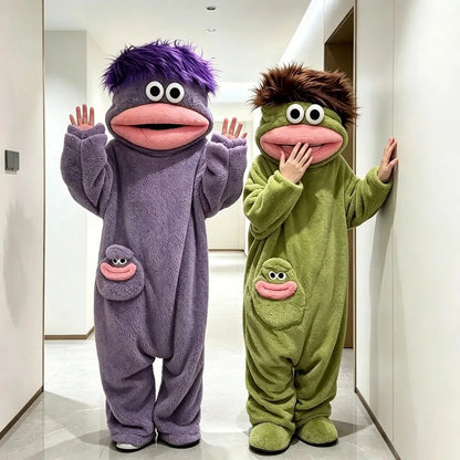Cute Big Mouth Monster Onesie Pajamas Thick Coral Fleece Homewear Funny Couple Sleepwear for Men Women Autumn Winter Lounge Wear