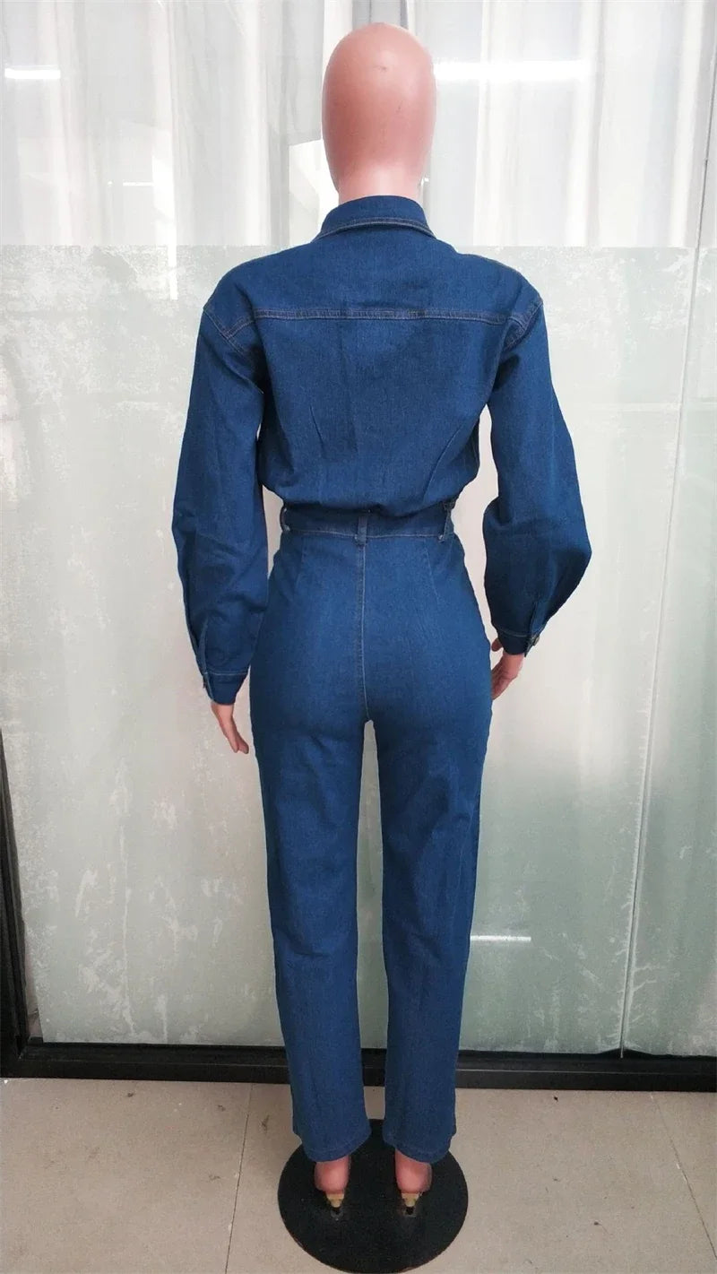 Streetwear Denim Jumpsuits Autumn Clothing Women Full Sleeve Button Up Jeans Long Rompers Playsuits One Pieces Overalls Outfits
