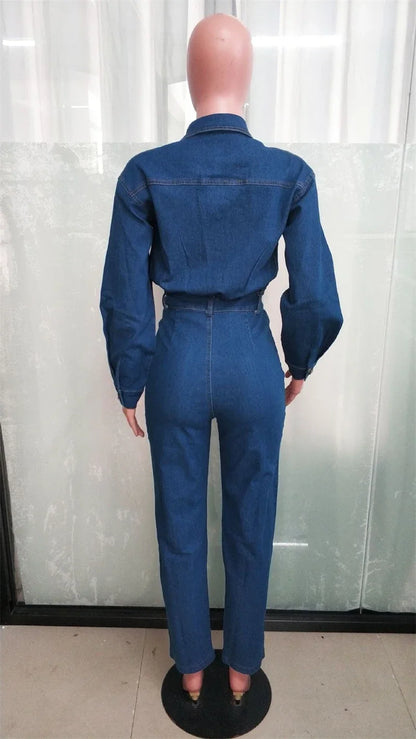 Streetwear Denim Jumpsuits Autumn Clothing Women Full Sleeve Button Up Jeans Long Rompers Playsuits One Pieces Overalls Outfits