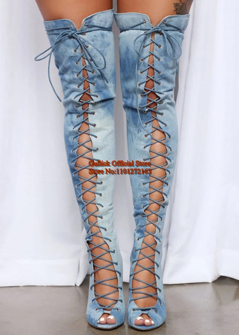 Blue Denim Peep toe Thigh High Boots Bandage Tie Jeans Over The Knee Boots Thin Heels Hollow Women Runway Dress Shoes Size10