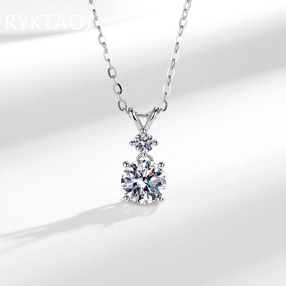 925 Sterling Silver Bowknot Moissanite Pendant Necklace for Women Round 2 Stone Solitaire Necklace Wedding Party Jewelry Gift