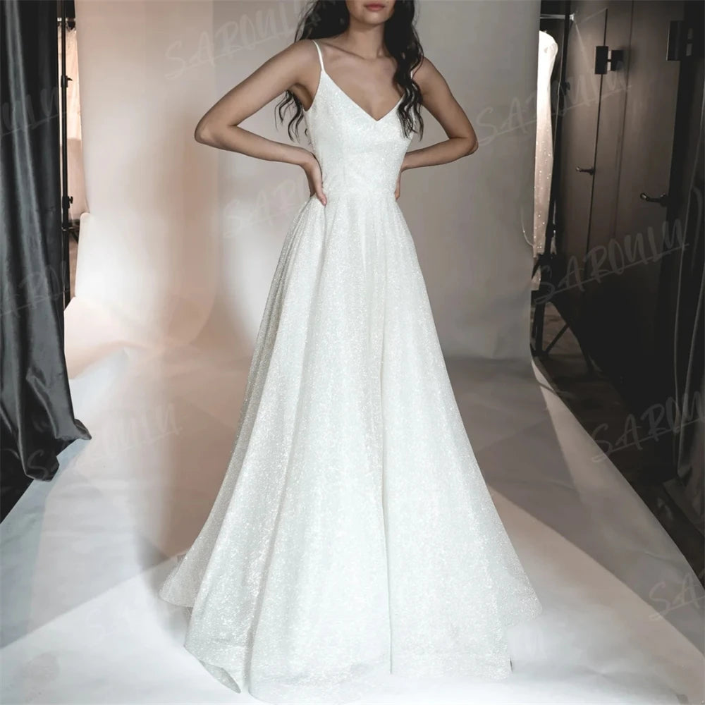 Spaghetti Straps Shinny Wedding Dress A-line V Neck Glitter Bridal Gown For Wedding Party Bride Dresses Custom Made Sequined