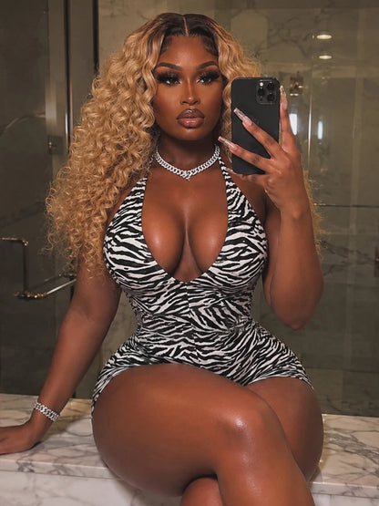 Weird Puss Sexy Fashion Playsuits Woman Zebra Stripes Lace-Up Halter Backless Shape Waist Skinny Peach Hip Wild Style Rompers