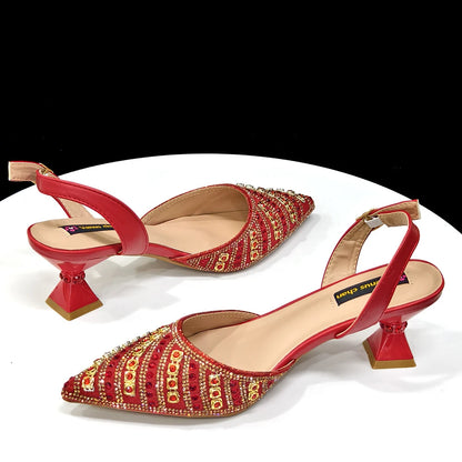 2025 Shiny Italian Fashion Pointed Toe Women Heel Fashion Rhinestone Decoration Fuchsia Color Shoes And Bag Set